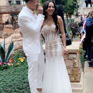 white prom dress w gold jewels